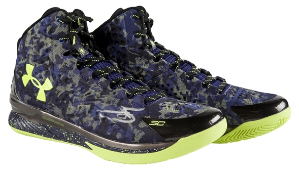 Stephen Curry Signed and Inscribed Pair of Under Armour Camo Style Basketball Shoes (Player COA)